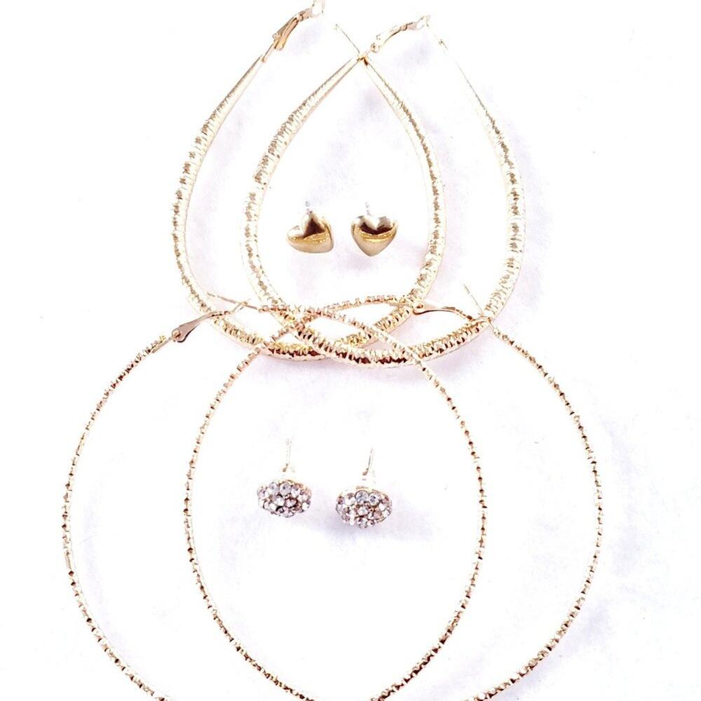 4 Sets of Women's Gold Tone Pierced Earrings Hoops Studs